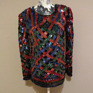 Vintage Sequin Top Blue, Red, Green, Silver on Black Silk background